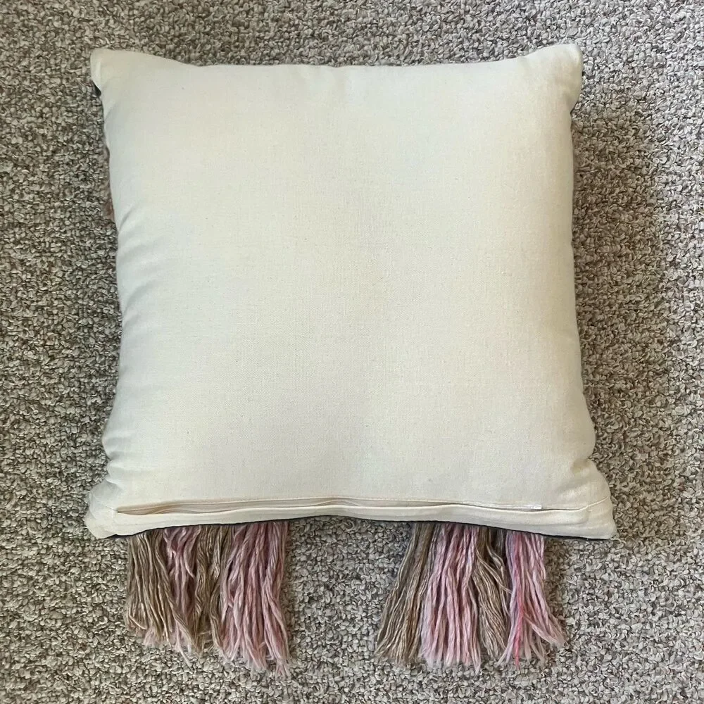 World Market Fringe Pillow Wool Cotton Boho Neutral Blue Pink Tan Braided Hippie